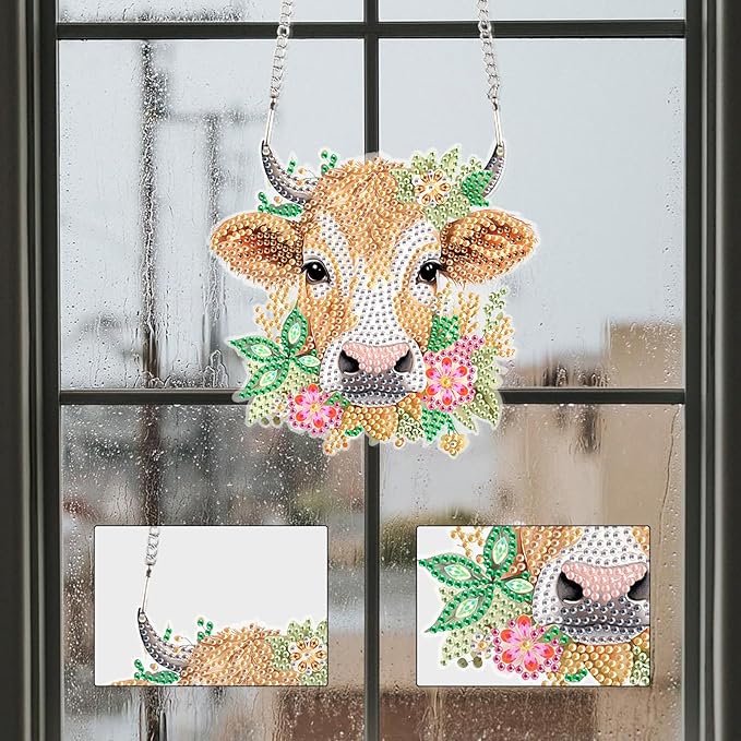AiYuanzsh DIY 5D Cow Diamond Painting Hanging Sign, Special Shaped Crystal Rhinestone Wall Art Ornament for Door, Home and Garden Decoration, Diamond Art Window Suncatchers Pendant