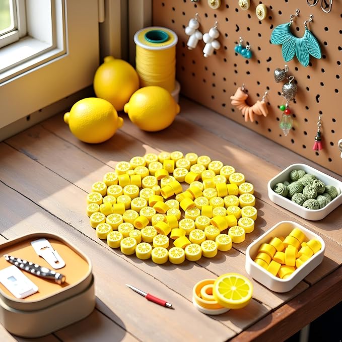 200Pcs Yellow Lemon Polymer Clay Beads,10mm Fruit Charm Spacer Beads for Jewelry Making,Necklace, Earring and Bracelet DIY Craft Supplies,Flat Bead, Summer Jewelry Kits and Fruit Theme Accessories