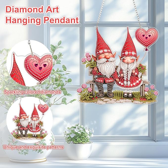 TOSTOG Diamond Art Hanging Kits for Adults, Gnome Couple Diamond Painting for Adults Window Pendant, Valentines Special Shape Diamonds Diamond Painting Hanging Pendant Kit for Home Decor Gift
