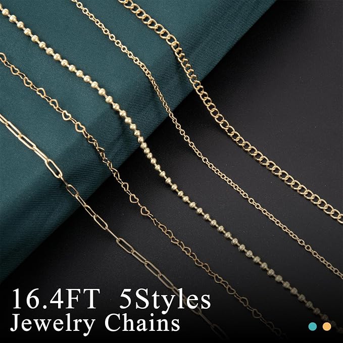 HUISUYTON 16.4 FT Gold Chain for Jewelry Making, Jewelry Making Chains Kit with Jump Rings/Lobster Clasps/Connectors/Charms/Pliers, Stainless Steel Necklace Chains for DIY Craft