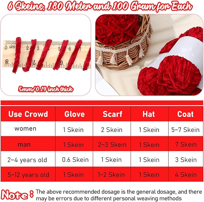 Amylove 6 Rolls Soft Velvet Chenille Yarn for Crocheting 1182 Yards Polyester Blanket Fuzzy Thick Yarn for DIY Knitting Bulky Weaving Crafts, 197 yd, 3.53 oz Each Roll(Red)