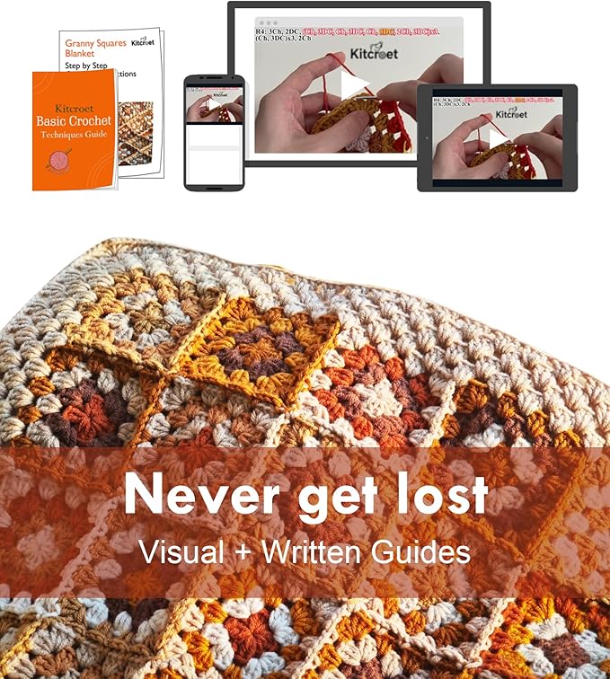 Kitcroet Crochet Kit, Complete Starter Kit for Beginners, Large Granny Squares Blanket with Video & Writtern Instructions, Easy to Learn Crochet Kit