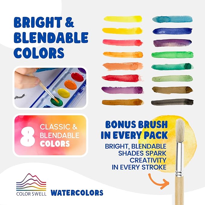 color swell bulk 8 color watercolors with wood brushes - 4 packs
