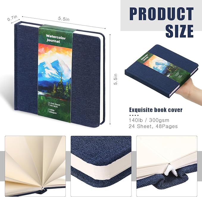 Dispowreath 5.5 x 5.5 in Watercolor Sketchbook Journal Square Watercolor Notebook Cold Press 140lb 300gsm Cotton Paper 48 Pages Journals Notebook Paper Pads(Navy Blue)
