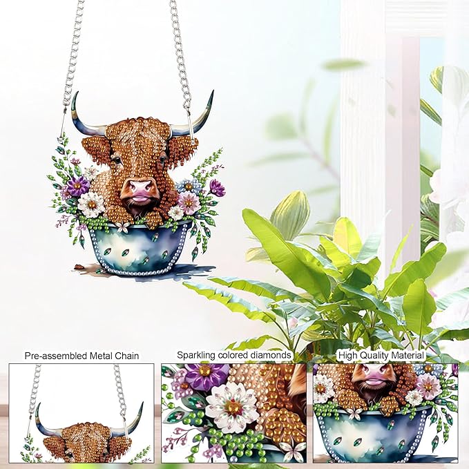 AiYuanzsh Highland Calf Diamond Art Hanging Pendant Kit, DIY Acrylic Diamond Painting Ornament with 5D Special Shaped Crystal Rhinestones, Decorative Wall or Garden Craft Gift for Adults