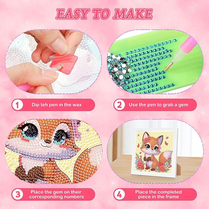 Fox Diamond Art Painting Kits for Kids with Frame, Animal Diamond Art for Kids Ages 4-8-12 with Frame, Easy Small Cute Gem Painting Kit for Gift Home Wall Decoration (7x7 inch)
