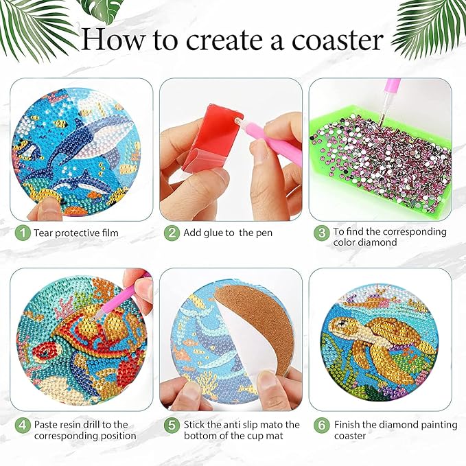 EWJRNSF 8 PCS Small Diamond Art Coasters Kits, Diamond Painting Coasters, Fall Diamond Art Kits for Adults Beginners, Arts and Crafts Item Sets with Holder for Drinks Ocean Style