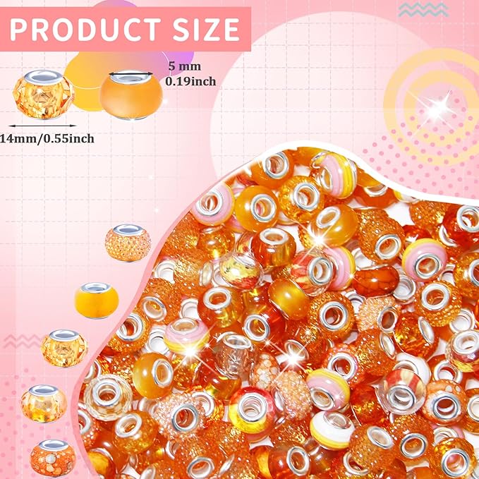 200Pcs Large Hole Beads Spacer Beads Orange Assorted European Craft Big Beads Large Hole Lampwork Murano Bead Fairy Wand Garden Bead for DIY Charm Bracelet Necklace Jewelry Making Decoration Supplies