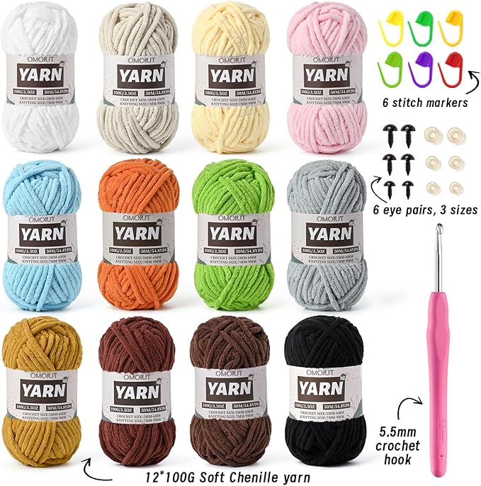 12 Pack Bulky Velvet Chenille Yarn, Baby Yarn for Crocheting Soft Blanket, 1200g(657.6yds) Chunky Crochet Yarn, Thick Multicolor Yarn for Crocheting Amigurumi, Crafts, Home Decor B