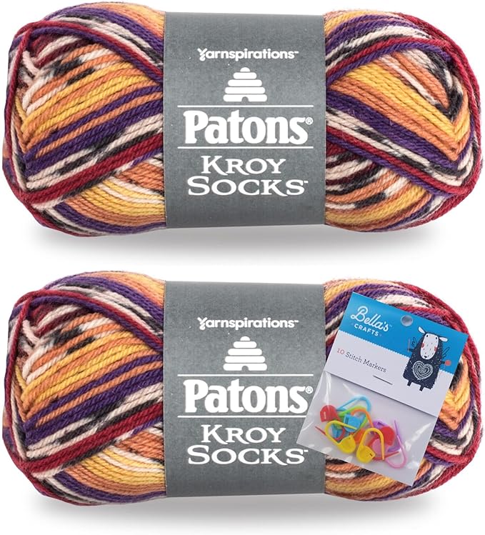 Patons Kroy Socks Yarn 2-Pack Bundle with Bella's Crafts Stitch Markers (Sunset Stripes)