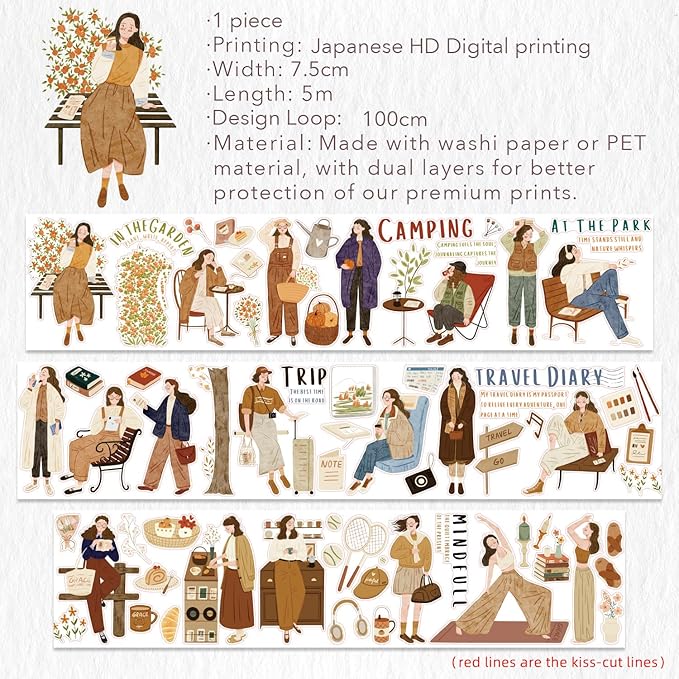 WT Pre-Cut Planner's Day 2 Washi Tape, Single Roll, Original Designs, Decorative Masking Tape for Journals, Planners, Scrapbooking, DIY Paper Projects