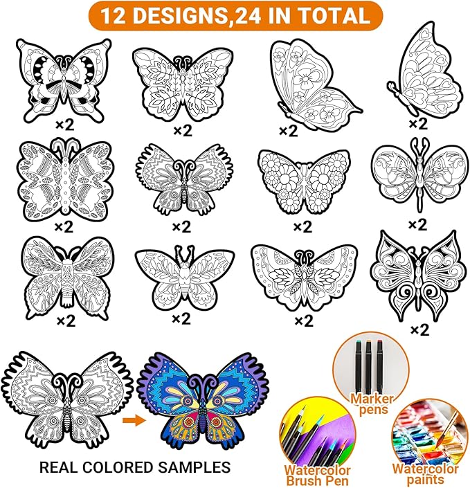 Bosctanuc 24 PCS Butterflies Velvet Coloring Cardstock - No-Mess Fuzzy Art Coloring Kit for Kids & Adults,Stress-Relief Craft Set for Classroom, Mother's Day Handmade Gifts & Spring Party Supplies
