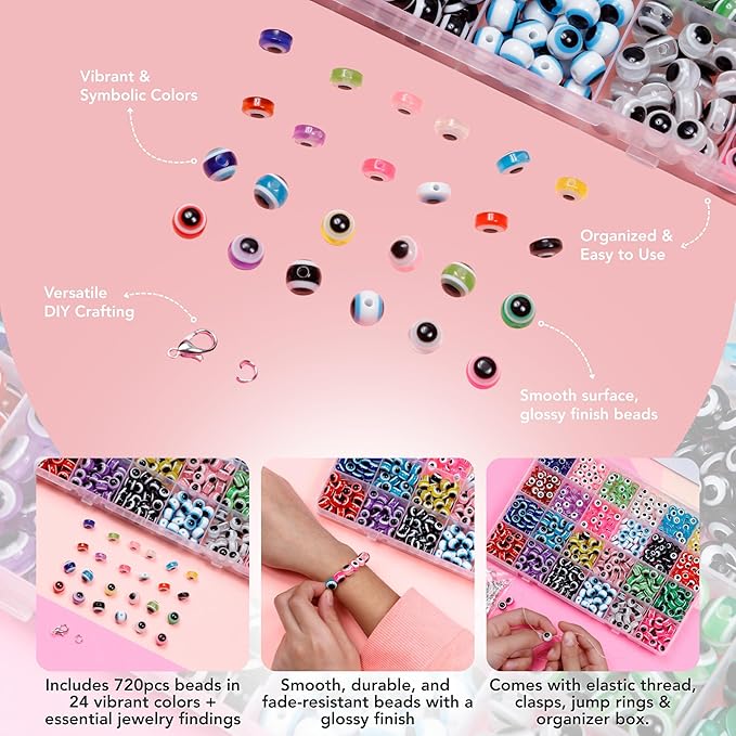 Incraftables 720 Piece Evil Eye Beads Kit – 24 Color Glass Beads Set with Clasps, Jump Rings, Elastic Cords & Organizer - Bracelet Making Kit for Jewelry Crafting