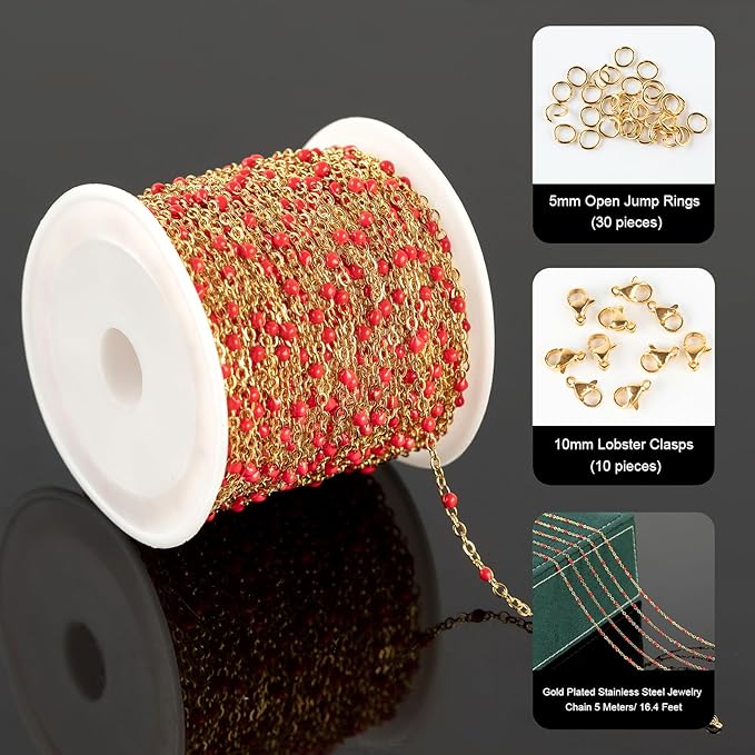 UMAOKANG 10 Meters Gold Plated Chains for Jewelry Making Red Enamel Bead Stainless Steel Chain for Women Necklace DIY Craft
