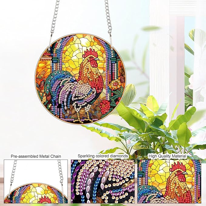 AiYuanzsh DIY 5D Diamond Art Hanging Pendant, Rooster Acrylic Rhinestone Ornament for Wall Door Window Decor, Diamond Painting Animal Craft Gift for Home or Christmas Decoration