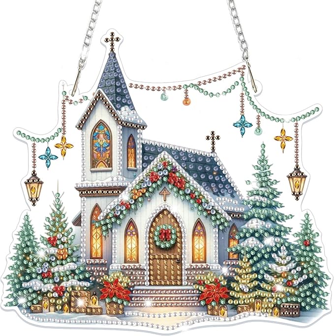 Bowetile Church Diamond Art Hanging Kits for Adults, Christmas Diamond Art Suncatchers, 5D Special Shape Diamond Painting Pendant Window Ornament Christmas Gifts for Home Door Wall Decor