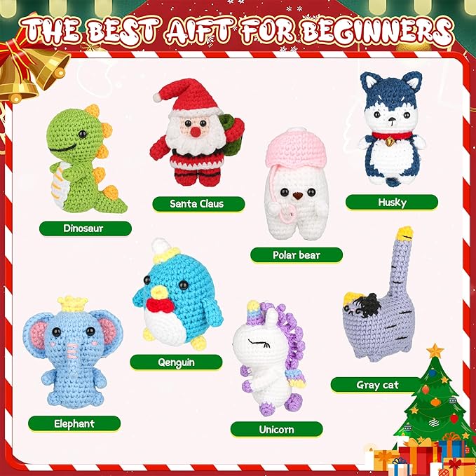 8Pcs Crochet Kit for Beginners, 2026 Great Christmas Gift for Crochet Lovers, DIY Craft for Adults and Kids, Crocheting Animal Kits with Step by Step Videos, Yarn, Crochet Hook, Birthday Holiday Gift