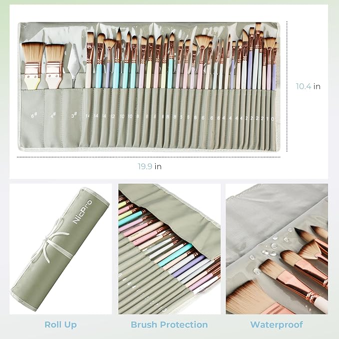 Nicpro 30pcs Paint Brush Set, Aesthetic Pastel Paintbrushes with Paint Spatula and Cloth Roll, Craft Paint Brushes for Acrylic Painting Oil Watercolor Gouache, Art Supplies for Women Artists Beginners