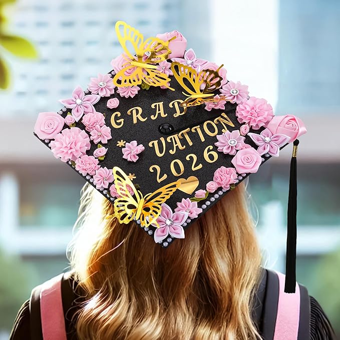 VISSTREE Graduation Cap Decorations Kit, 56 Pcs DIY Cap Decoration with Pink Artificial Flower Rhinestones Letter Stickers 3D Glitter Butterfly for 2026 Graduation Dress Grad Hats Topper