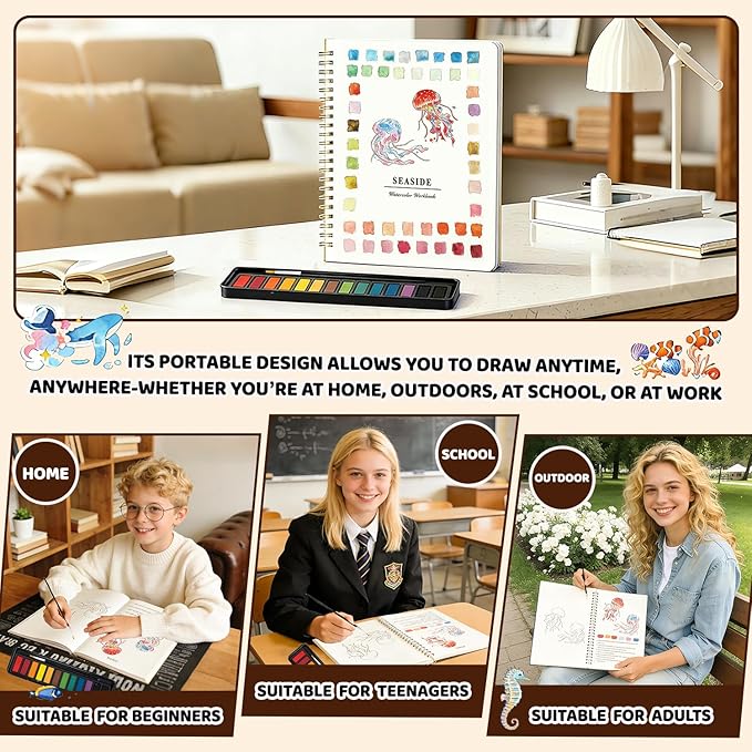 Watercolor Workbook for Beginners - Complete Watercolor Painting Kit with 12 Color Paint Set & Brush | Step-by-Step Art Book for Adults, Hobby Gift for Friends