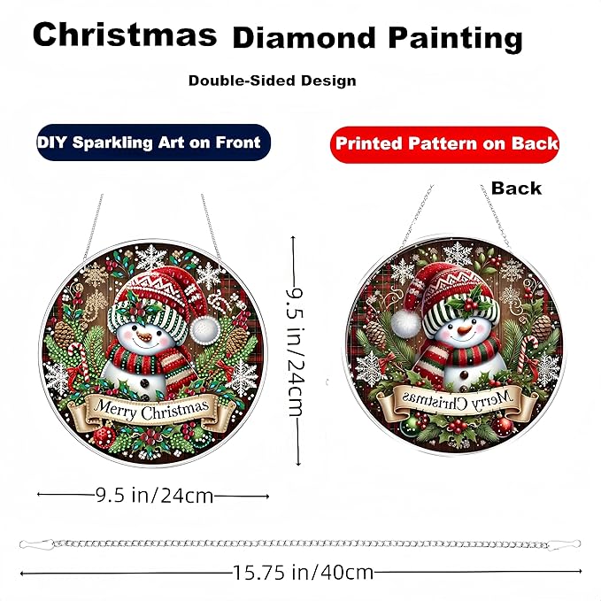 DIY Christmas Wreath Hanging Diamond Art Painting Kits for Adults, Special Shape Snowman Double Sided Acrylic Rhinestone Painting, Window Wall Hanging Ornament Pendants for Home Garden Decor (Snowman)