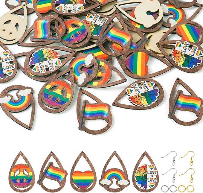 Beadthoven 20 Pairs DIY Gay Pride LGBT Wood Dangle Earrings Making Starter Kit Lesbian Big Wooden Rainbow Charms Pendant Pride Parade Supplies Earring Hooks Jump Rings for Jewelry Making
