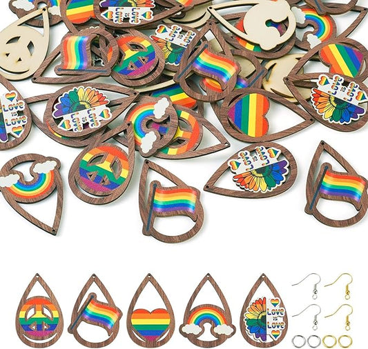 Beadthoven 20 Pairs DIY Gay Pride LGBT Wood Dangle Earrings Making Starter Kit Lesbian Big Wooden Rainbow Charms Pendant Pride Parade Supplies Earring Hooks Jump Rings for Jewelry Making