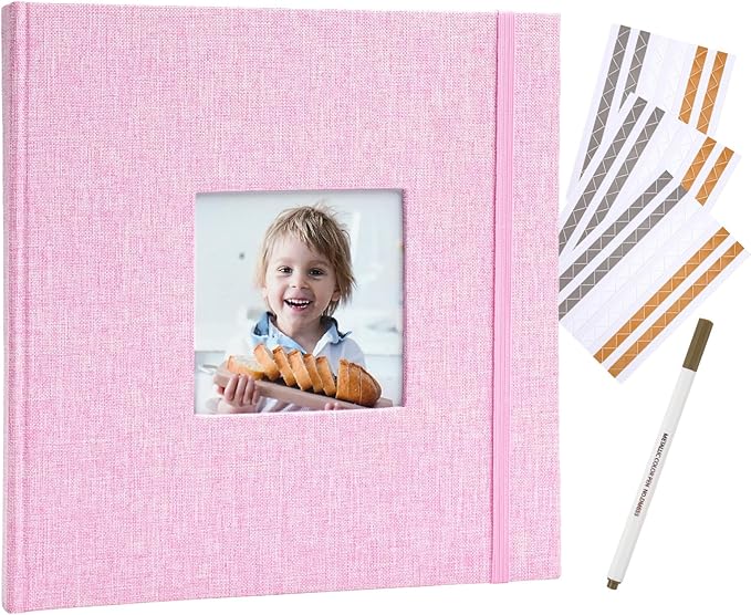 Scrapbook Album, 8"x8" DIY Photo Album with Square Window Linen Cover Kraft Paper 32 Sheets, Stylish Memory Book for Wedding, Anniversary, Family, Travel, Pink