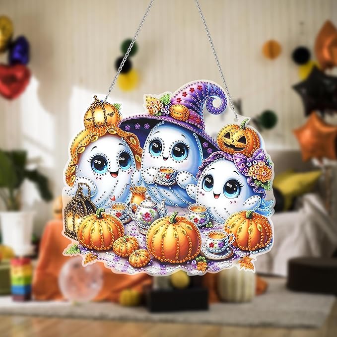 MUNORIAY Diamond Art Hanging Kit for Adult,Special Shaped Rhinestone,5D DIY Acrylic Double Sided Diamond Art Painting Window Pendants,Home Garden Wall Decor Hanging Ornament (Halloween Ghost)