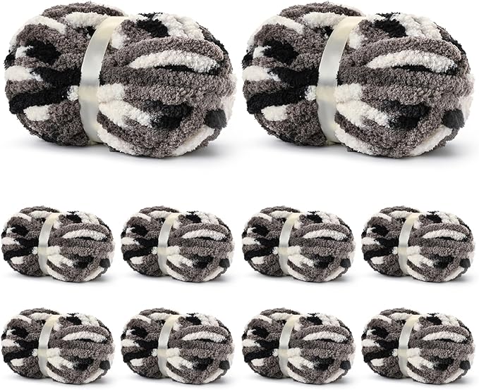 10 Pack Jumbo Chunky Yarn for Hand Knitting, Fluffy Variegated Chunky Chenille Yarn for Crocheting, 240yds/70.5oz Super Bulky Soft Crochet Baby Blanket Yarn(Black-White-Grey)