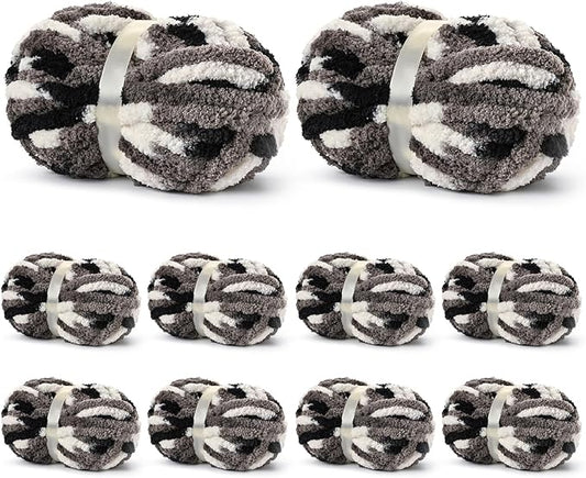 10 Pack Jumbo Chunky Yarn for Hand Knitting, Fluffy Variegated Chunky Chenille Yarn for Crocheting, 240yds/70.5oz Super Bulky Soft Crochet Baby Blanket Yarn(Black-White-Grey)