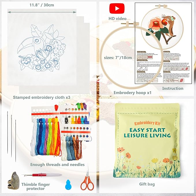 lx lermx embroidery kits for beginners, adult starter cross stitch kit needlepoint complete diy kit with unique patterns, hoop, colorful threads, tools, step by step instructions & video tutorial