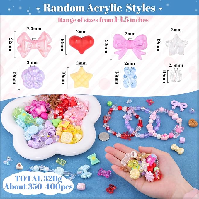 500-550PCS TINKRSTUFF Assorted Acrylic Beads, 8 Colors Mixed Cute Beads for Bracelet Making, Star GummyBear Bow Flower Kawaii Beads, Aesthetic Bead for Necklace Keychain Jewelry Making DIY Phone Charm