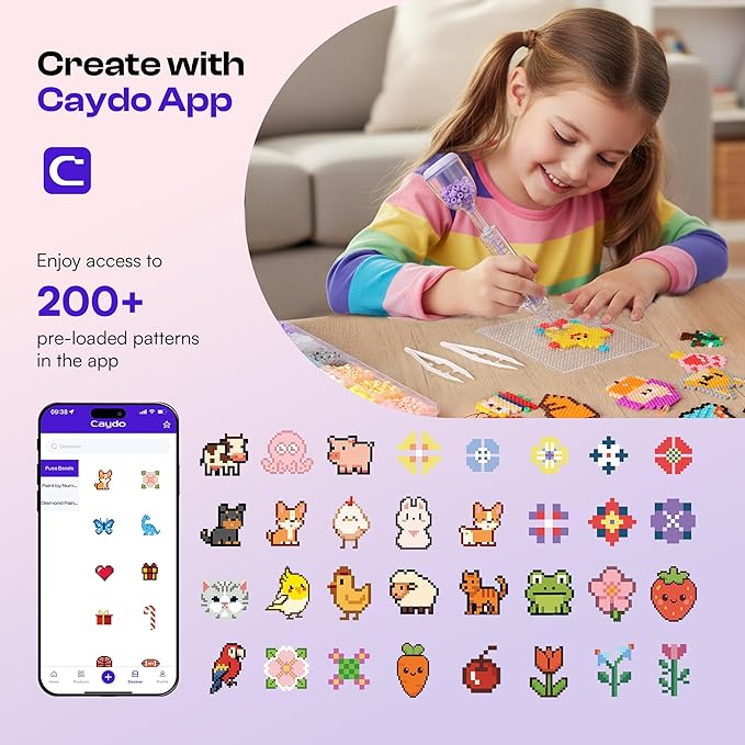 Caydo Fuse Beads Kit with Fuse Bead Pen, Design App & 200+ Patterns for Beginners, 10500PCS 36 Colors 5mm for Girl Holiday Home DIY Decor Creative Projects
