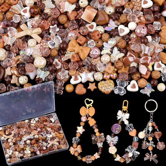 200-260PCS TINKRSTUFF Assorted Acrylic Beads Brown Cute Beads for Bracelet Making,Bow Star Aesthetic Flower Butterfly GummyBear Kawaii Charms for Jewelry Necklace Making DIY Keychain Phone Charm Bulk