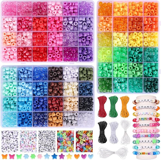 QUEFE 4700pcs, 72 Colors Pony Beads Rainbow Kandi for Bracelets Making Kit, 3600pcs 9mm Plastic and 1000pcs Letter Beads, Alphabet for Jewelry Making With Elastic Threads