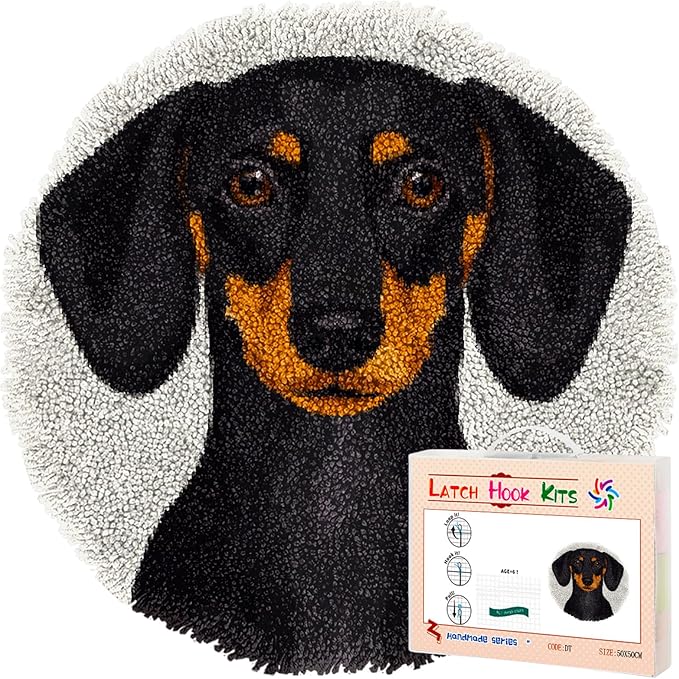 Latch Hook Rug Kit Black Dachshund Dog Stamped Handmade Round Shape Carpet Crochet Yarn Craft DIY Hook and Latch Door Mat Tapestry for Home Floor Decor 50x50cm(2)