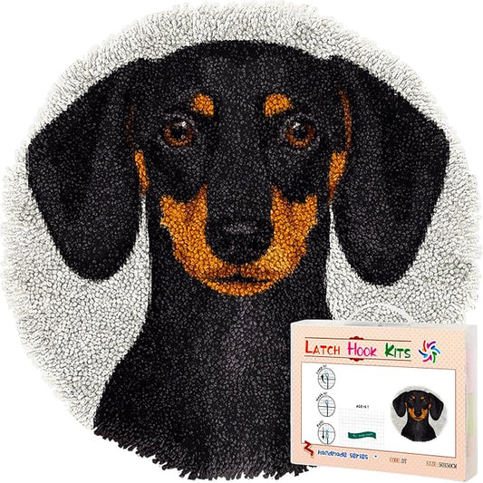 Latch Hook Rug Kit Black Dachshund Dog Stamped Handmade Round Shape Carpet Crochet Yarn Craft DIY Hook and Latch Door Mat Tapestry for Home Floor Decor 50x50cm(2)
