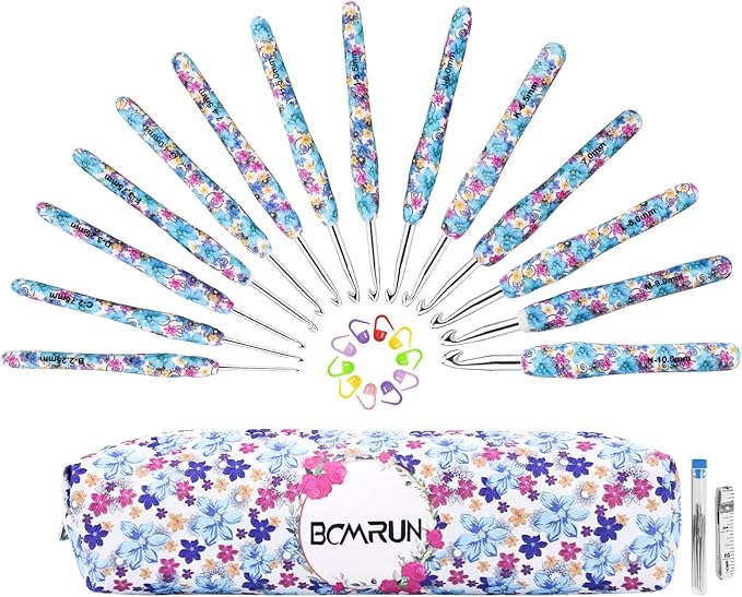 BCMRUN Crochet Hooks Set,14 Size 2.25mm(B)-10mm(N) Extra Long Crochet Needles Ergonomic Handle Smooth Hooks Knitting Needles Kit, DIY Knit Needles Weave Yarn Set, Christmas Crochet Gift (Blue)
