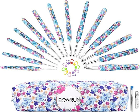 BCMRUN Crochet Hooks Set,14 Size 2.25mm(B)-10mm(N) Extra Long Crochet Needles Ergonomic Handle Smooth Hooks Knitting Needles Kit, DIY Knit Needles Weave Yarn Set, Christmas Crochet Gift (Blue)