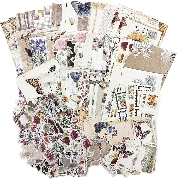 Gorofit Retro Scrapbook Supplies Kit, 200 Sheets of Mixed Natural Color Paper and Sticker Pack, Used for Diaries, Scrapbooks, Crafts, Collages, Murals, Bullet Diaries (Plants and Butterflies)