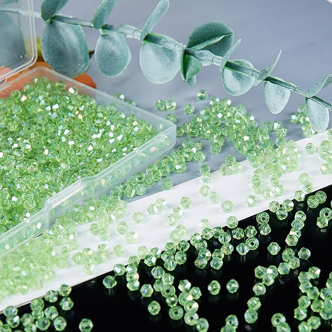 laopottbeads 1200pcs 3mm bicone crystal glass beads for jewelry making, sparkling mini beads for suncatchers, diy bracelets & craft projects (green)
