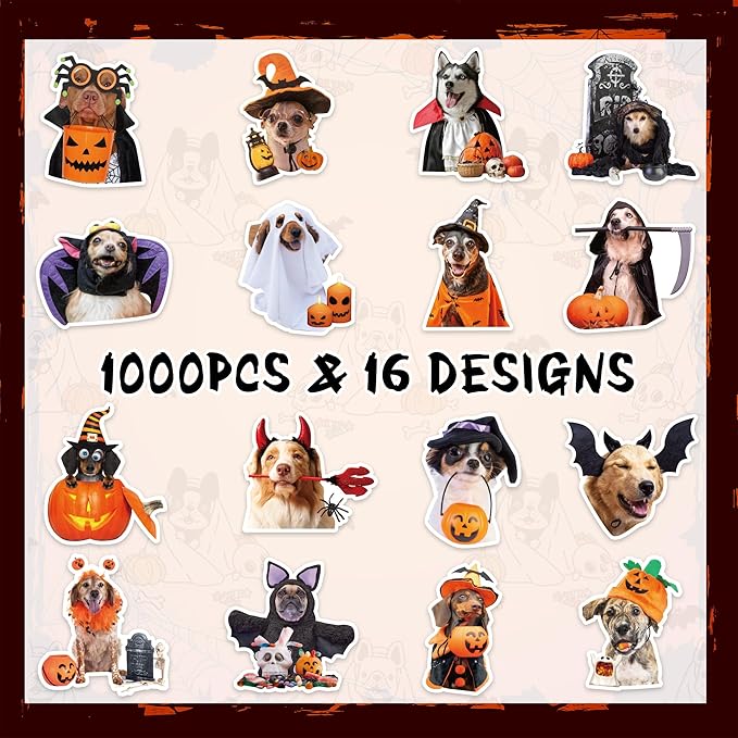 h1vojoxo halloween dog stickers roll - 1000pcs halloween dog dress up stickers in 2 rolls 16 designs pumpkin dogs self-adhesive sticker for kids craft envelope water bottle scrapbook party supplies