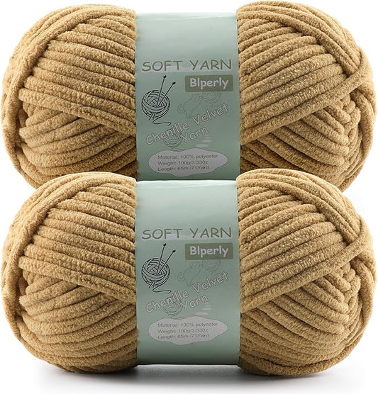 Chunky Chenille Yarn Velvet Soft Super Bulky Size 6 for Crocheting Knitting, Baby Blanket Yarn, 100g 71 Yds per Skein, Easy to Use for Scarves, Amigurumi, Crafts (2, Khaki)