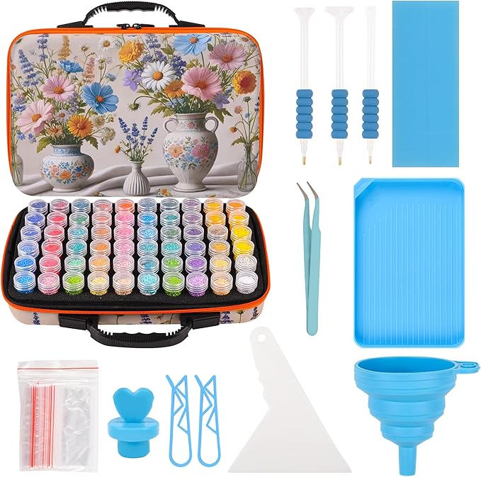 60 Slots Diamond Painting Storage Container, Diamond Art Kits for Adults Stackable Bead Organizer with Carrying Handle, Craft Storage Box with Accessories (Ceramic Garden-60 Slots)