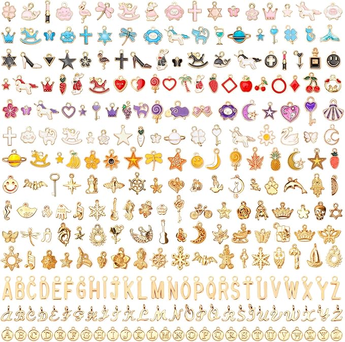 SANNIX 350Pcs Charms for Jewelry Making, Assorted Enamel KC Gold Mixed Alphabet Letters Charms Bulk for Bracelet Necklaces Earrings Making Supplies