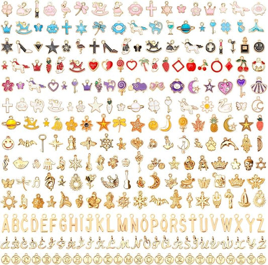 SANNIX 350Pcs Charms for Jewelry Making, Assorted Enamel KC Gold Mixed Alphabet Letters Charms Bulk for Bracelet Necklaces Earrings Making Supplies