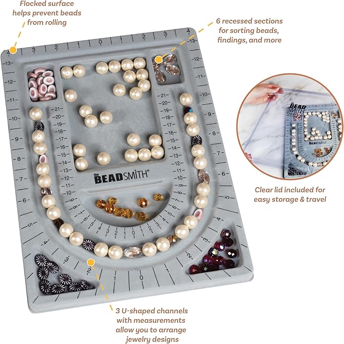 The Beadsmith Bead Board with Cover, Grey Flocked, 3 U-Shaped Channels, 6 Recessed Compartments,13.25H x 9.75L inches, Design Boards for Creating Bracelets, Necklaces and Other Jewelry