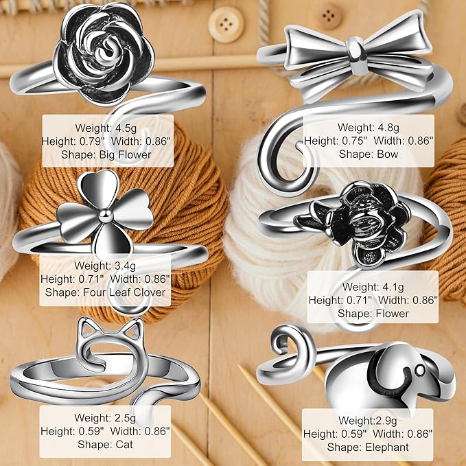 6 PCS Crochet Tension Ring Cat Crown Butterfly Elephant Sunflower Yarn Rings Tools Crochet Accessories Gifts for Crochet Lovers
