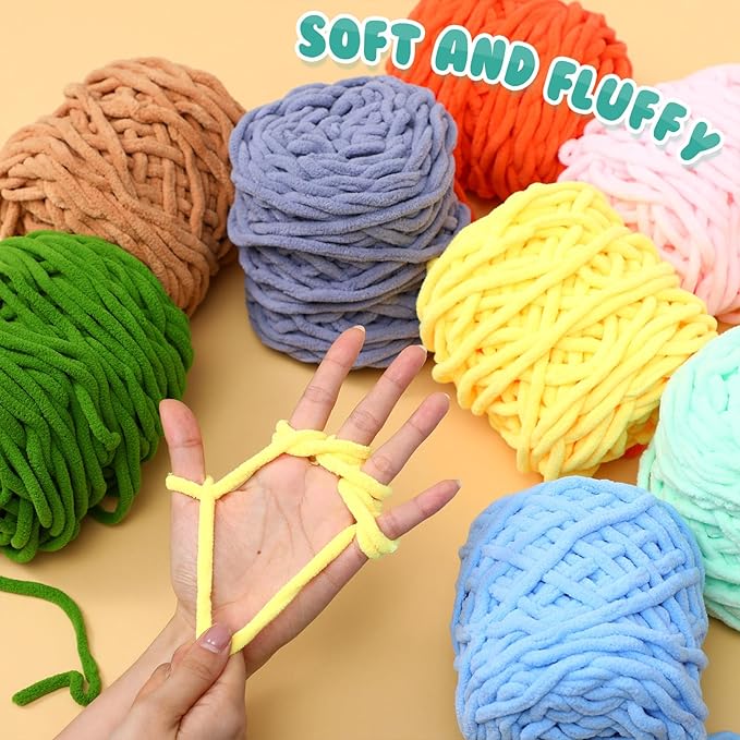 Buryeah Chunky Chenille Yarn for Crocheting Soft Thick Fluffy Yarn for Hand Knitting Bulky Velvet Blanket Plush for Weaving DIY Crafts Each 3.5 oz 55 Yards(Classic Colors,12 Pack)